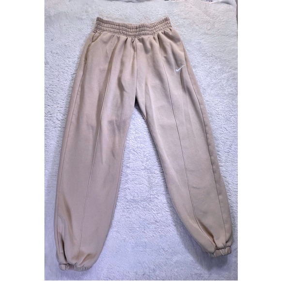 Nike Fleece Joggers Sweatpants Womens Size Small Drawstring Beige Athletic - Picture 1 of 10